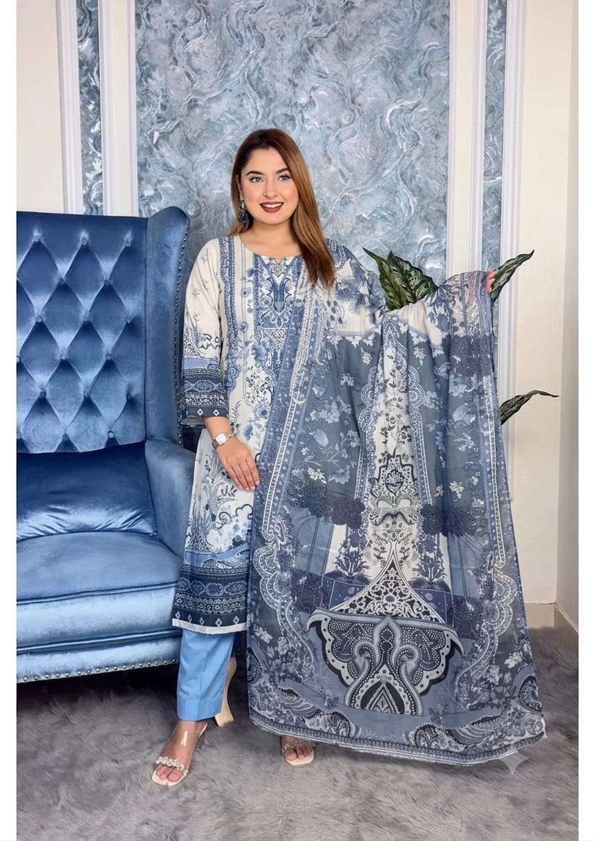 প্রিমিয়াম কটন লোন ডিজিটাল প্রিন্ট থ্রি পিছ (আনস্টিচড) কোড: 18